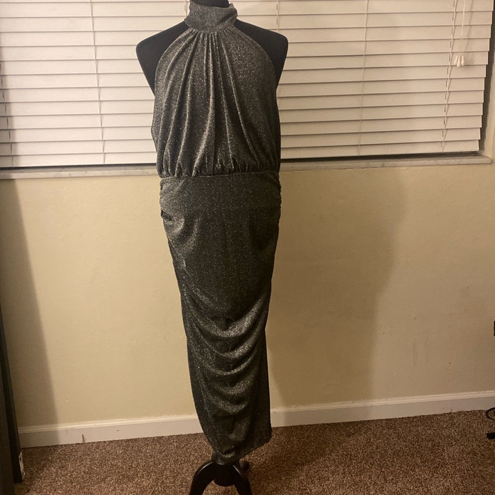SHEIN Privé Plus Slit Hem Ruched Halter Neck Metallic Dress
